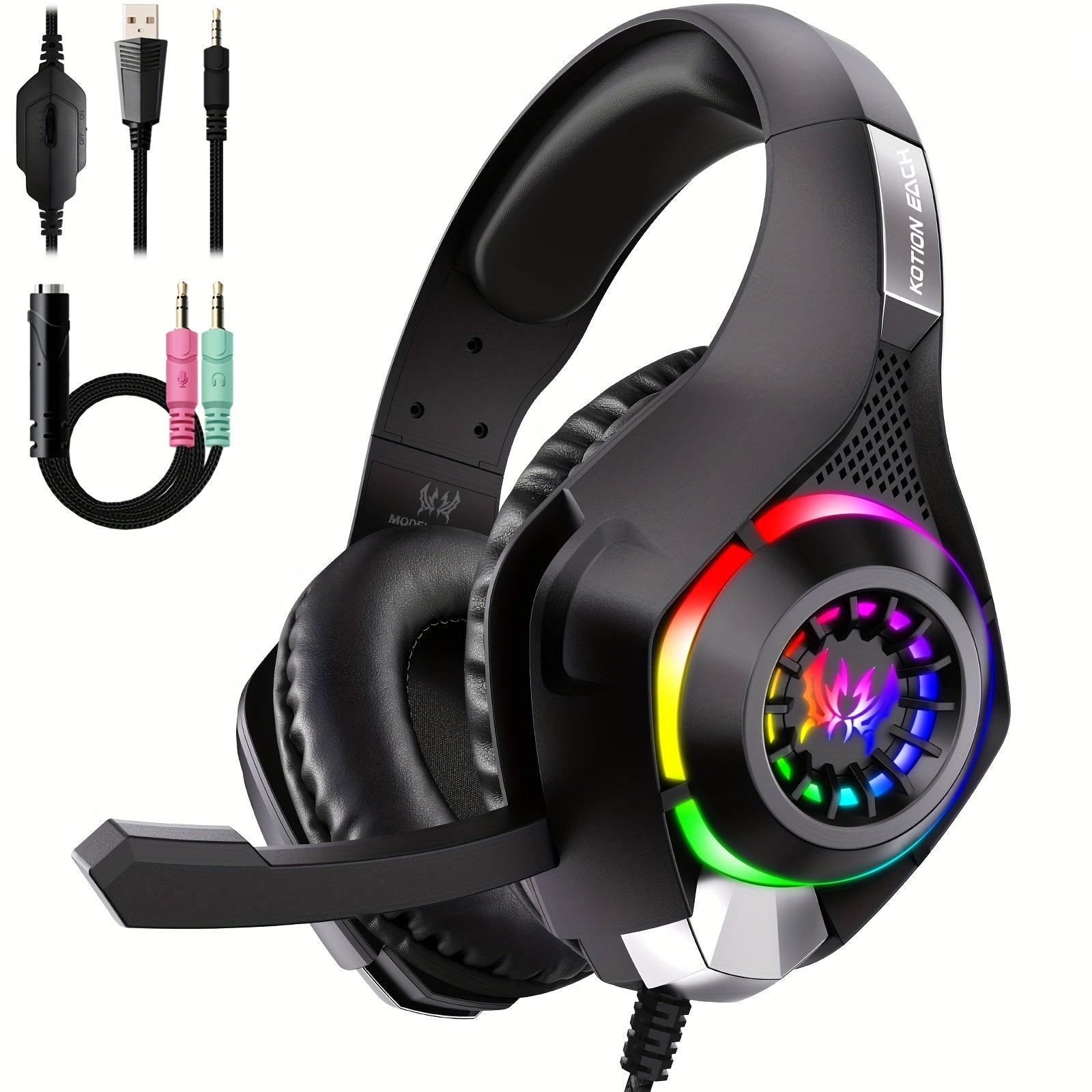 Casque Gaming RGB PC PS4 PS5 avec Micro Antibruit, Éclairage LED, Son Surround Basses, Coussinets Mousse Mémoire pour Xbox Series X/S, NS