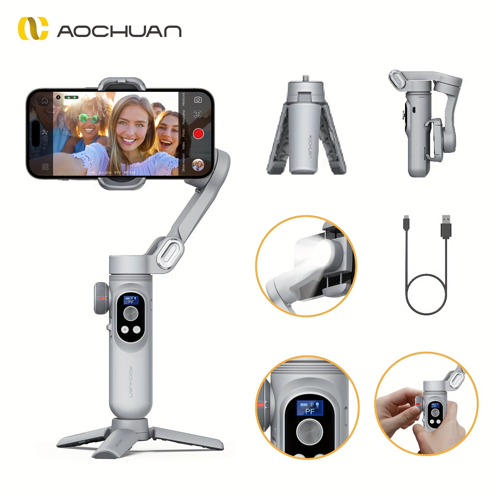 AStabilisateur AOCHUAN Smart XPro - Gimbal Smartphone avec Trépied & LED