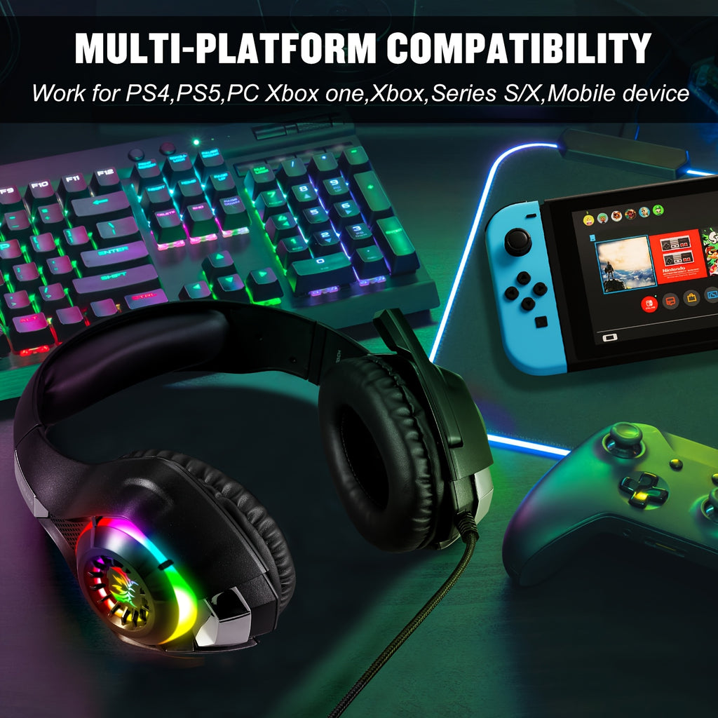 Casque Gaming RGB PC PS4 PS5 avec Micro Antibruit, Éclairage LED, Son Surround Basses, Coussinets Mousse Mémoire pour Xbox Series X/S, NS