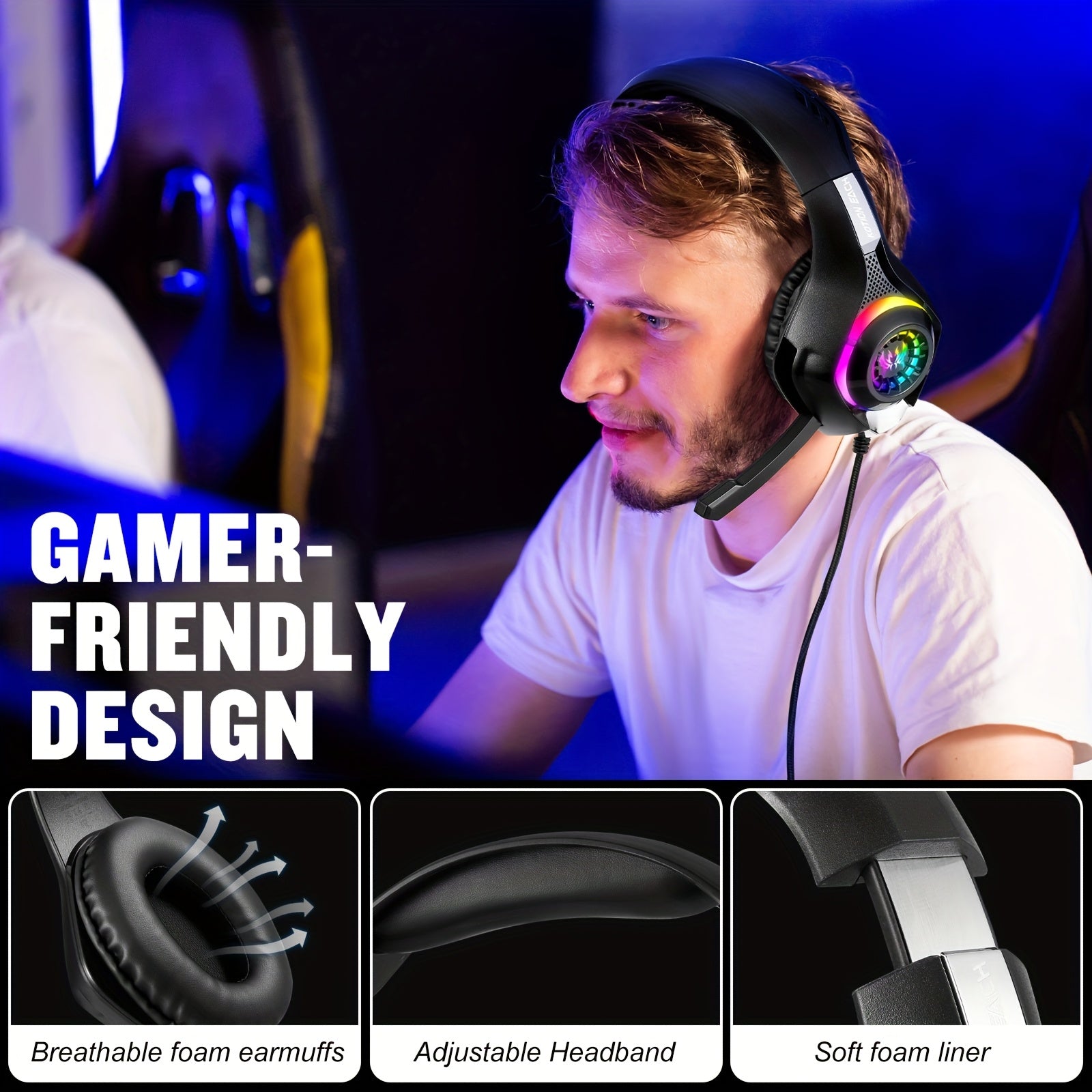 Casque Gaming RGB PC PS4 PS5 avec Micro Antibruit, Éclairage LED, Son Surround Basses, Coussinets Mousse Mémoire pour Xbox Series X/S, NS