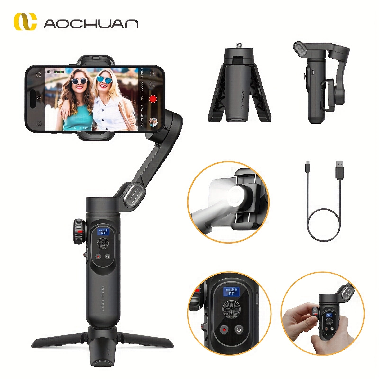 AStabilisateur AOCHUAN Smart XPro - Gimbal Smartphone avec Trépied & LED