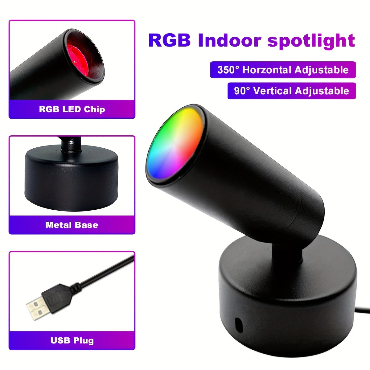 Projecteur LED RGB en Métal - 7 Modes Dynamiques - Luminosité et Angle Ajustables USB