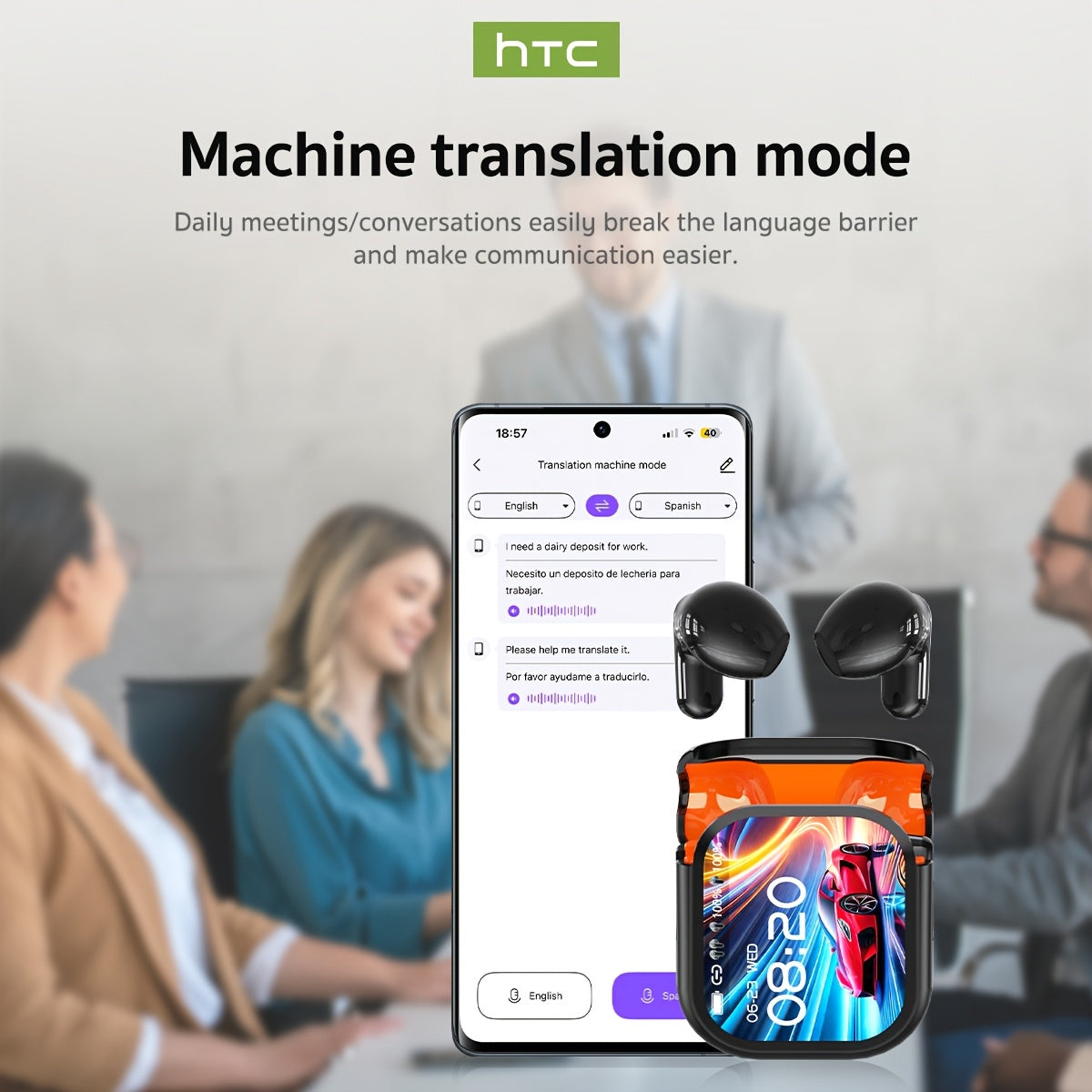 Casque Traducteur IA HTC NE20 - 131+ Langues Sans Fil Bluetooth 6.0 Écran LCD Tactile