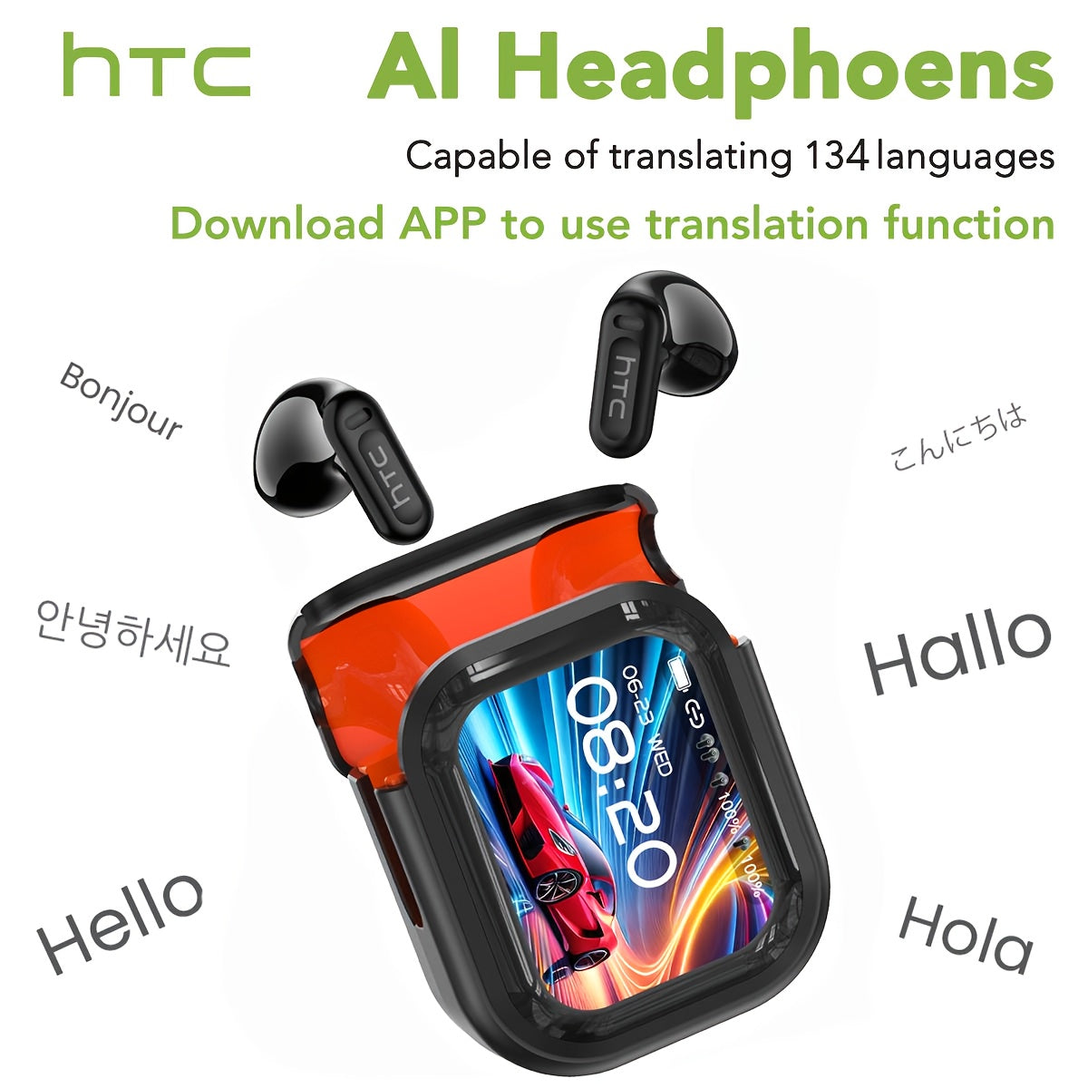 Casque Traducteur IA HTC NE20 - 131+ Langues Sans Fil Bluetooth 6.0 Écran LCD Tactile