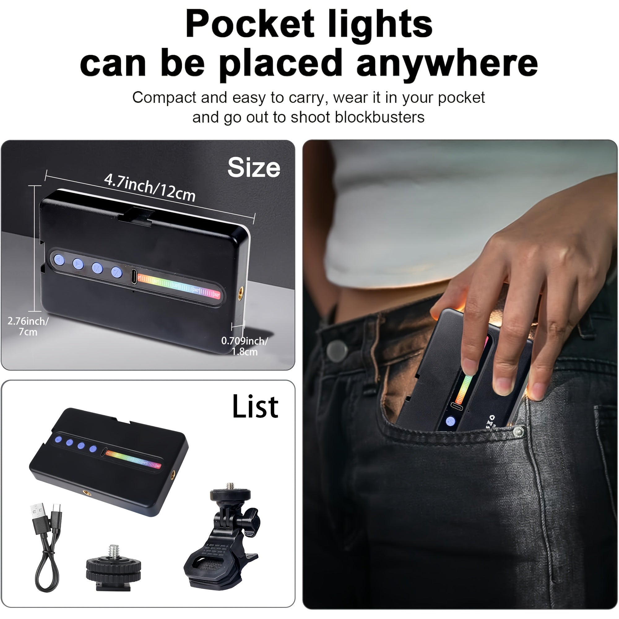Lumière LED RGB Portable avec Clip - Éclairage Vidéo Rechargeable pour Smartphone, Tablette et Ordinateur